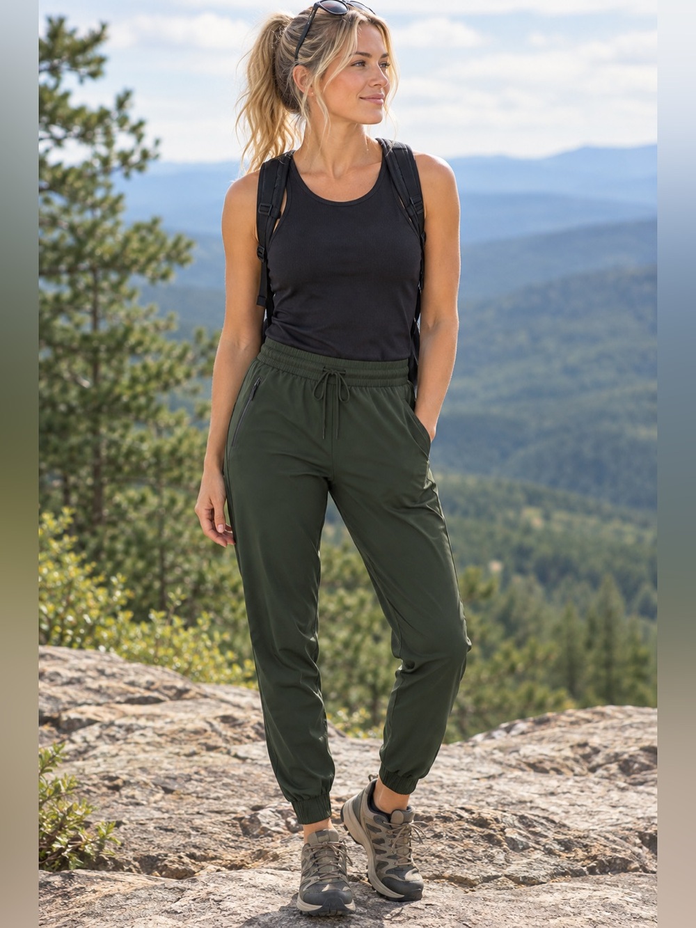 Women’s Olive Green Jogger Pants - Drawstring Waist and Zip pocket